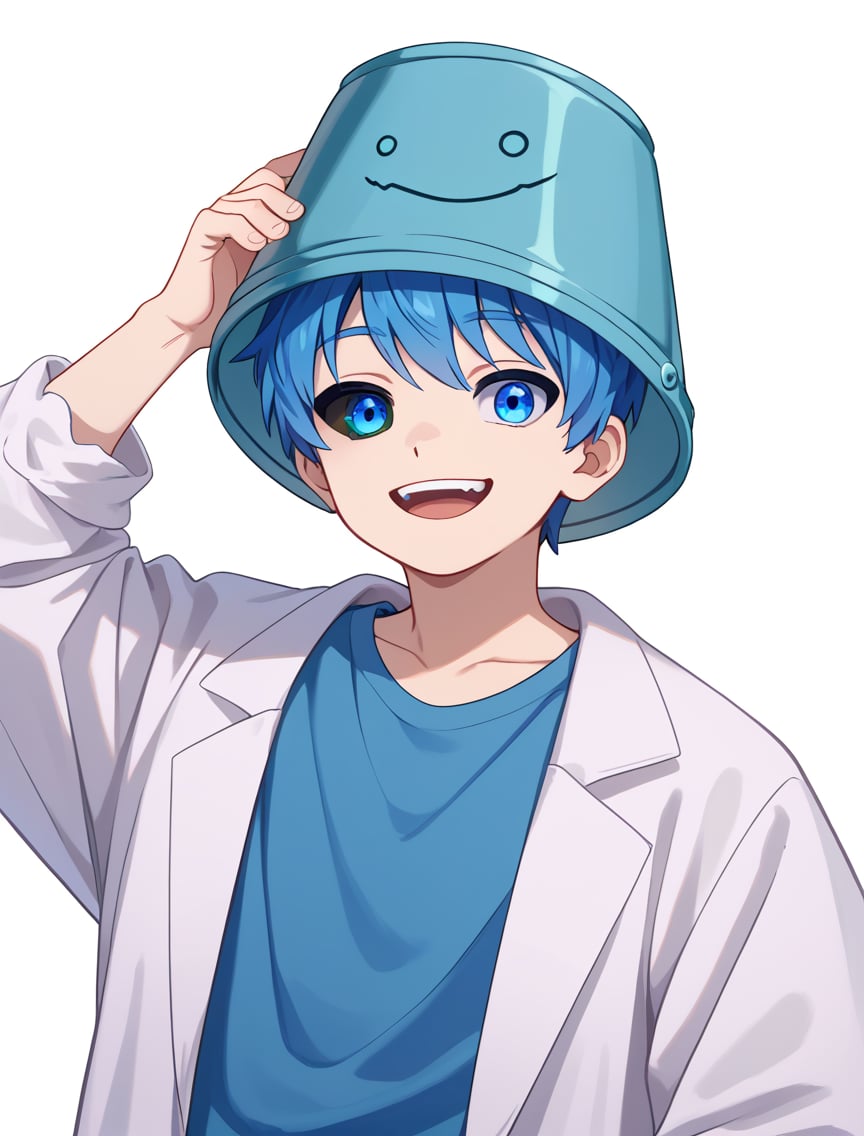 zPDXL2,rating_safe,<lora:Nanao_V2:1>,blue eyes,1boy,solo,male focus,shirt,looking at viewer,object on head,smile,mismatched sclera,colored sclera,(black sclera:0.5),bucket on head,hand on headwear,oversized clothes,open mouth,bucket,upper body,lab coat,(child:0.5),