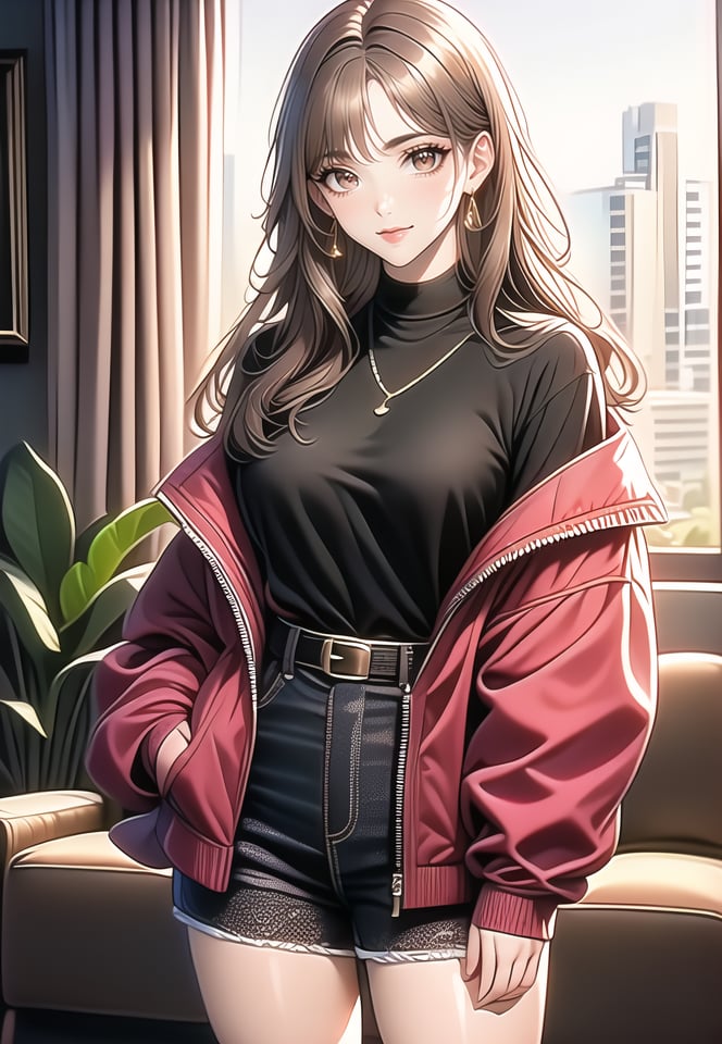 (best quality), ((masterpiece)), (highres), illustration, original, extremely detailed,1girl, solo, brown hair, jewelry, brown eyes, looking at viewer, long hair, belt, jacket, smile, necklace, indoors, earrings, plant, red jacket, bangs, shirt, blush, window, closed mouth, long sleeves, off shoulder, breasts, black belt, cowboy shot, turtleneck, light particles, open clothes, couch, black shirt, shorts, open jacket, standing, skirt, sleeves past wrists, hoop earrings, buckle, belt buckle