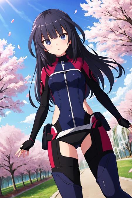 agatsuma kaede, ace suit, black bodysuit, fingerless gloves, black legwear, long sleeves, black sleeves, black thighhighs, thigh boots, cherry blossoms, spring \(season\), falling petals, outdoors, day, 1girl <lora:agatsuma_kaede_locon_v1:0.7>