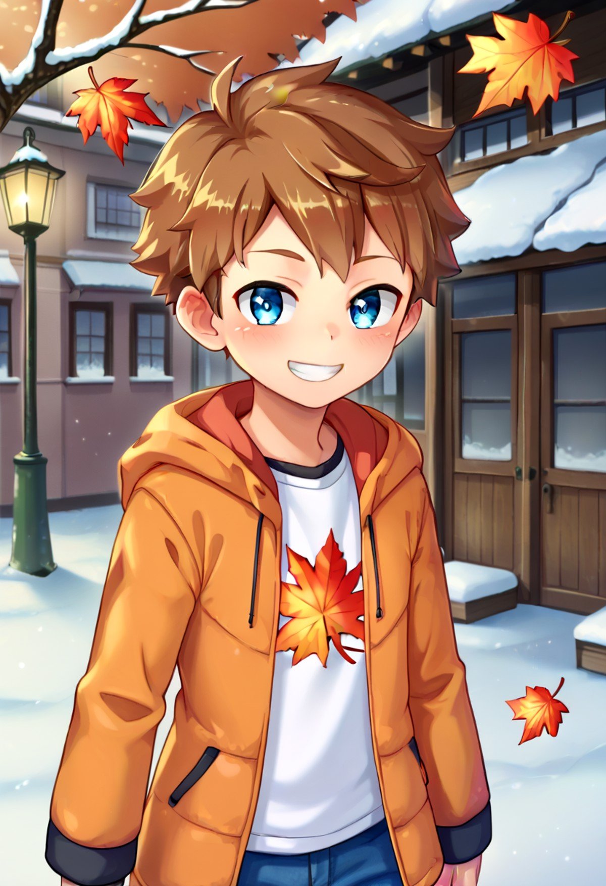 score_9, score_8_up, score_7_up, detailed eyes, autumn leaf, snowy, village, BREAKstraight on shot, standing,  <lora:PerfectEyesXL:0.8> perfecteyes, <lora:cutifiedanimecharacterdesign_variant_type_E_PonyXL_v10:0.7> 1boy, type-e,brown hair, shirt,  petite, young, solo, anime  style,smile || bright smile || grin