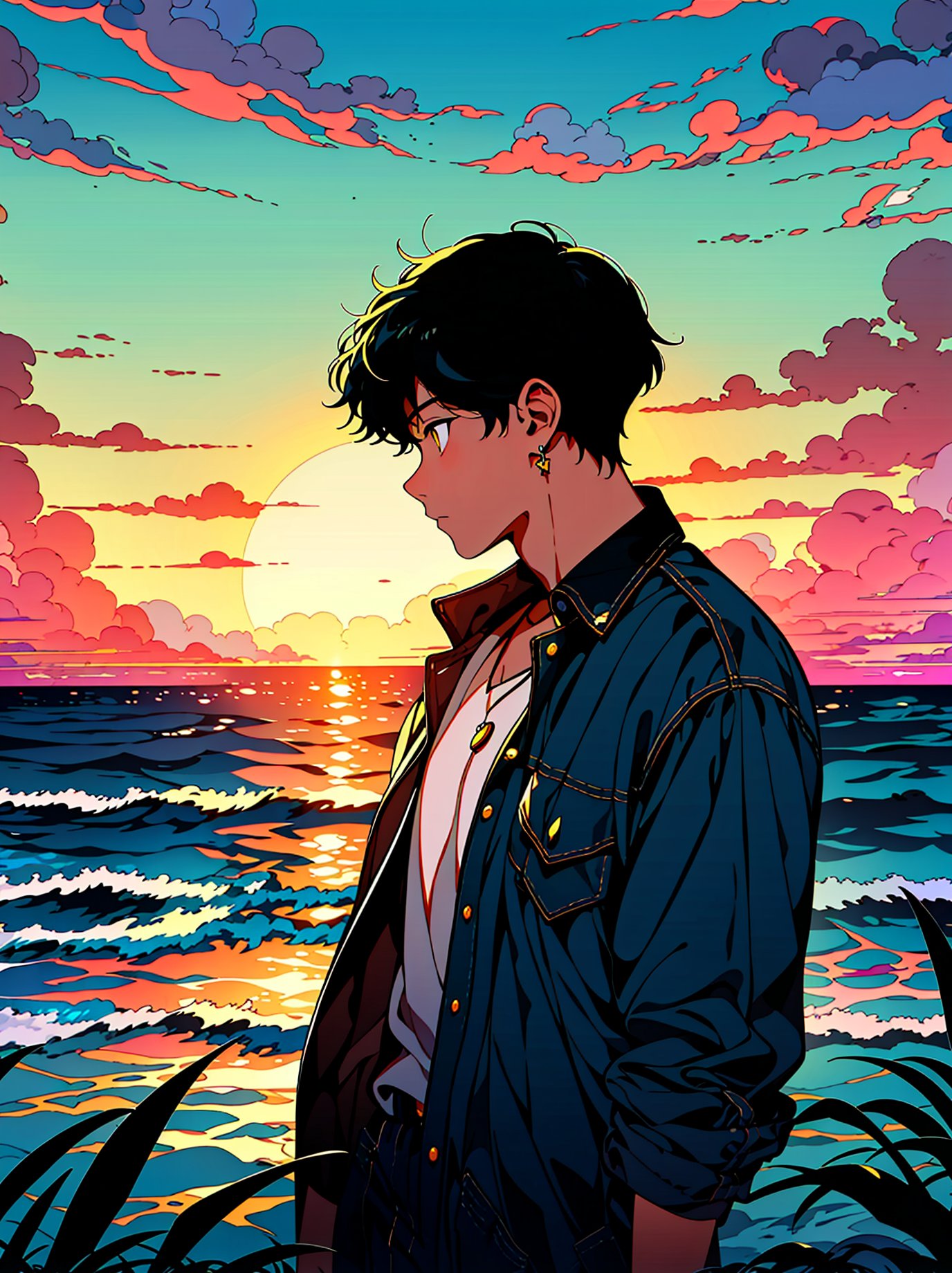 HTTP, solo, profile, cloud, jewelry, short hair, 1boy, sunset, male focus, outdoors, earrings, shirt, upper body, pocket, breast pocket, sky, plant, sun, necklace, yellow eyes, black hair, cloudy sky, ocean, leaf, water, horizon <lora:HTTP_20231211123040-000008:1>