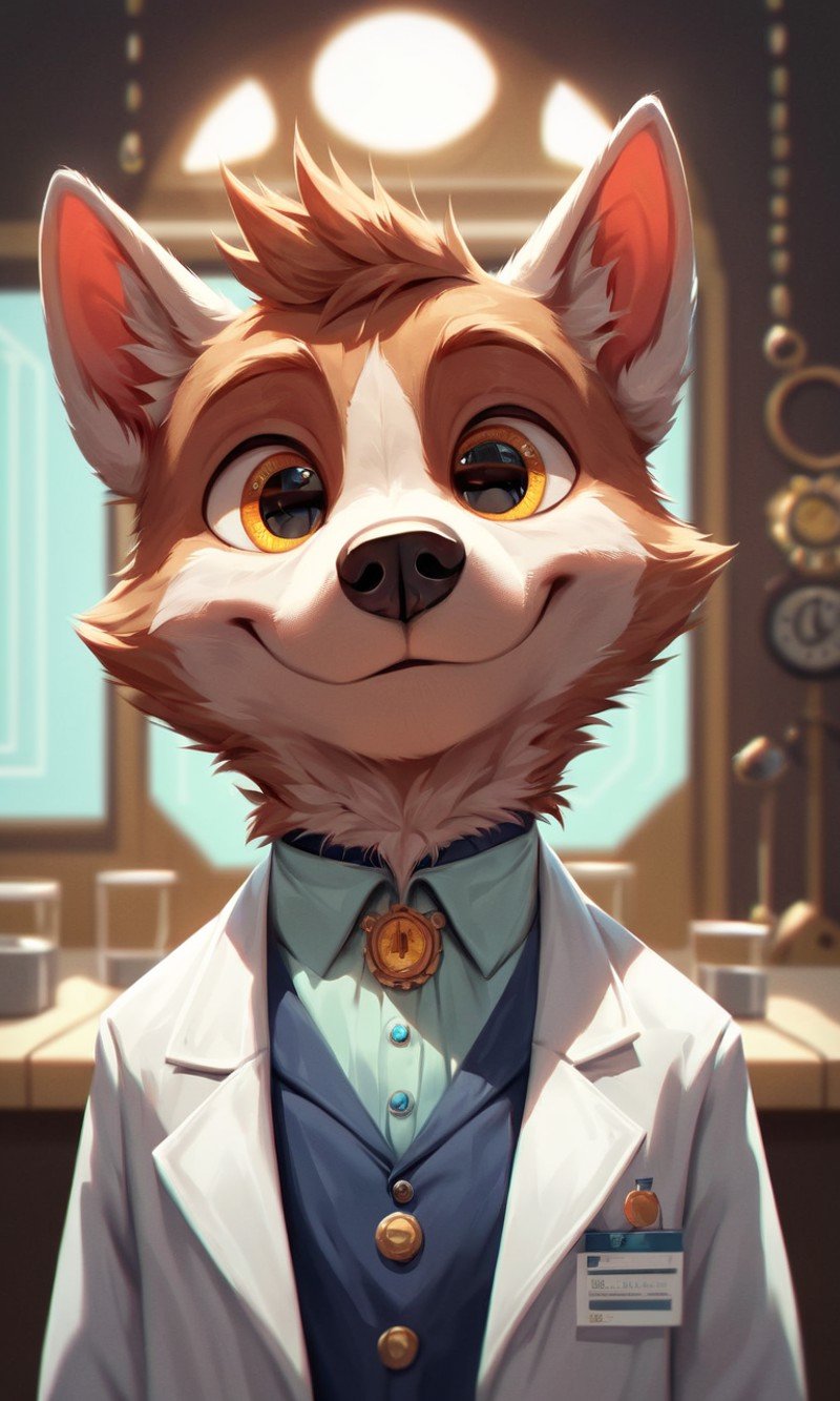 score_9, score_8_up, score_7_up, score_6_up, score_5_up, score_4_up, source_furry,BREAK,detailed face eyes and fur, 1boy, solo, close-up portrait, dog wearing lab coat in a 19th century pharmacy shop interior, steampunk art, global illumination, pose, smile, high detailed, cinematic, complex background