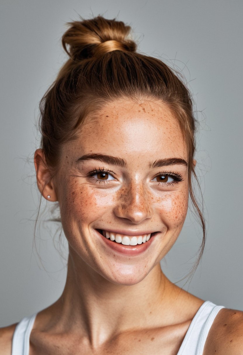 beautiful lady, (freckles), big smile, brown hazel eyes, Ponytail, dark makeup, hyperdetailed photography, soft light, head and shoulders portrait, cover