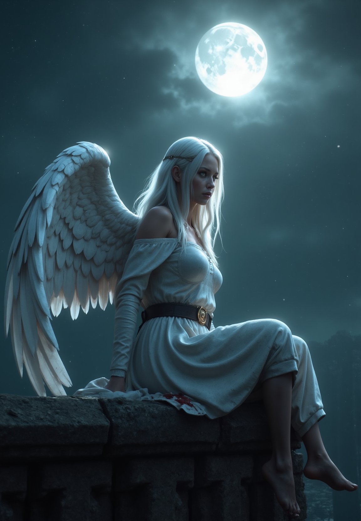 ((cinematic, 8k uhd, dslr, hdr)), (high budget film)In the soft, silver light of the moon, an angel sits perched on the stone railing of an ancient, weathered bridge. Her resplendent white hair flows gently in the night breeze, cascading down her back, framing a face that holds a quiet, contemplative sorrow. Her gaze is fixed on the vast expanse of the starry sky above, eyes filled with longing and reflection.Majestic angel wings unfurl behind her, their ethereal glow faintly illuminating the night. The feathers, pure and white, are delicately speckled with small, bloodied spots, as if remnants of a distant battle still cling to her. Her posture is relaxed yet heavy with emotion, as though burdened by unseen memories, lost between the celestial heavens above and the world below.The scene is serene, yet tinged with melancholy, as the angel’s silent vigil blends with the whispering wind, creating a haunting, timeless atmosphere on the bridge suspended between earth and sky.