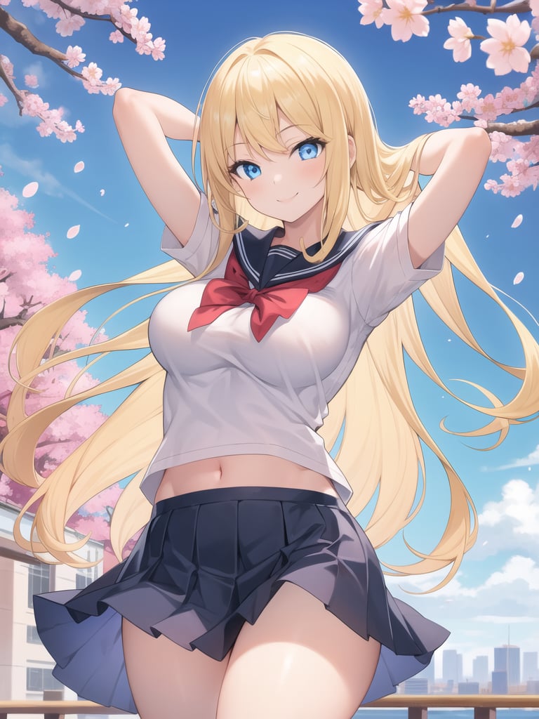 masterpiece,best quality,1girl,city,looking at viewer,blue eyes,school uniform,thighs,long blonde hair,arms behind head,cherry blossoms,blue sky,smile,breasts