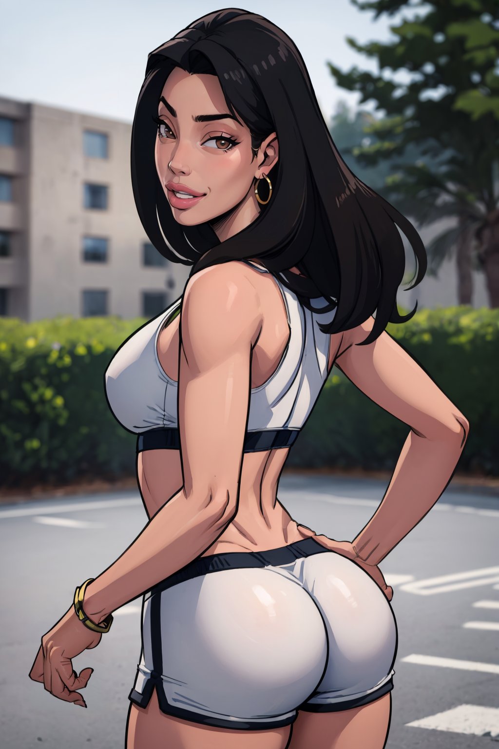 (masterpiece, best quality:1.2), <lora:sleepygimp:1>, sleepygimp, 1girl, solo, ass, earrings, jewelry, black hair, long hair, shorts, looking at viewer, breasts, smile, sports bra, looking back, hoop earrings, sportswear, lips, realistic, medium breasts, brown eyes