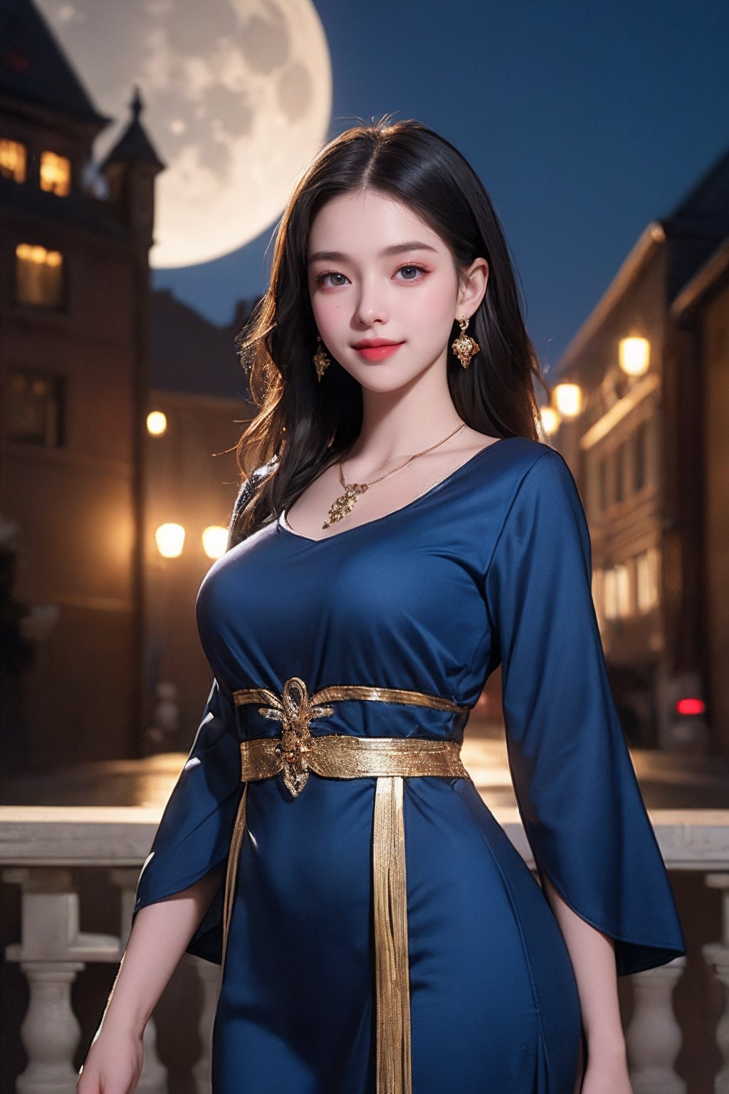 (1girl:2),(8k, best quality,high quality clothes,masterpiece:1.2),rich facial texture,1girl,black_hair,(dingdall effect),(smile:1.1),elegant,blue clothes,exquisite eyes,beautiful pendant,evening,full moon,wide shot,arms at sides