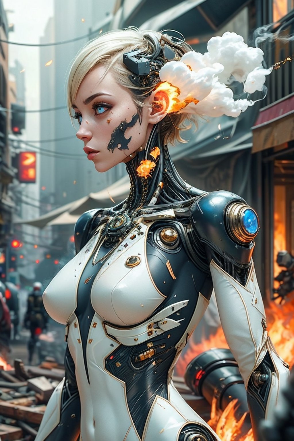 a girl  <lora:Reel_mechanical_parts_v_1_3:1>, reelmech, fighting , glowing eyes, short hair,torn tight supersuit, in a destroyed city, smoke and fire, glowing power aura, dynamic pose, dynamic view