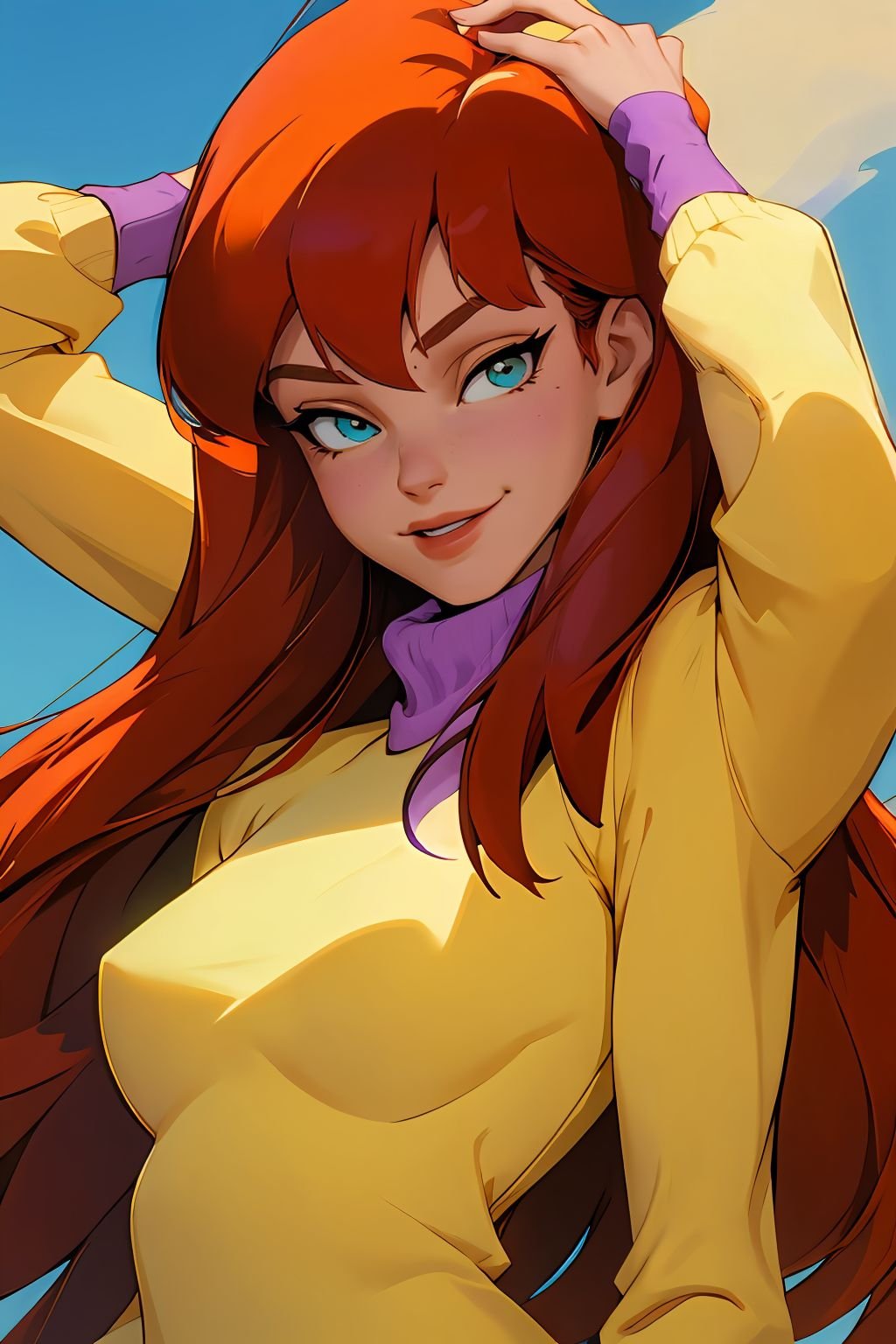 absurdres, mary jane watson, upper body, yellow sweater with purple turtleneck <lora:Mary Jane Watson_v1:1>