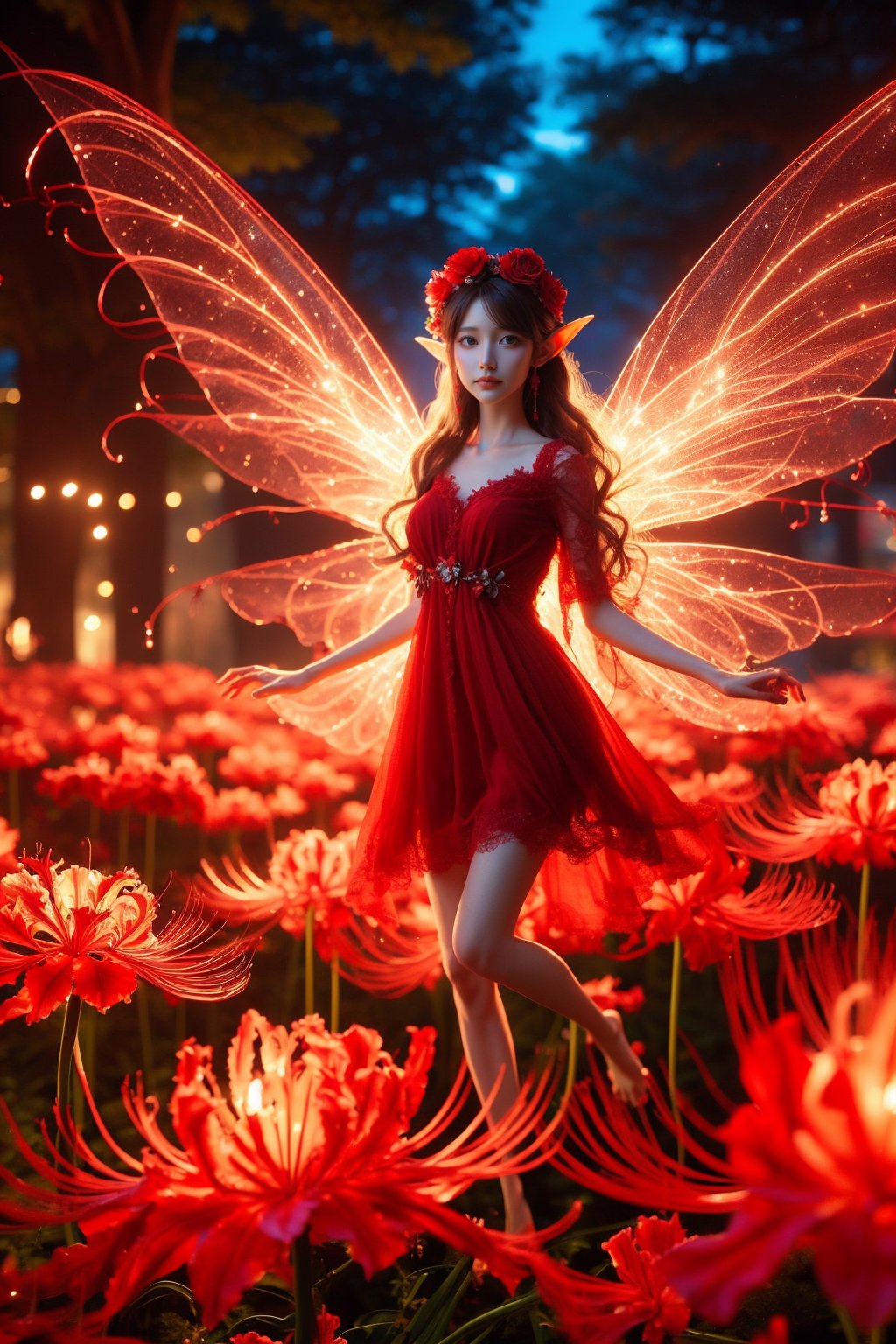 red_lycoris, 1girl, black hair,  flower, solo, long hair, wings, red flower, pointy ears, dress, barefoot, hair flower, fairy, nature, hair ornament, tree, red dress, blurry, forest, head wreath, glowing, very long hair, outdoors, depth of field, fairy wings,looking at viewer<lora:精灵1-000016:0.8>