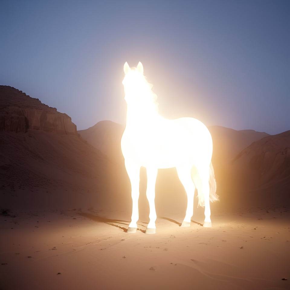 lghtshft_lora, glowing, horse, in a desert, <lora:lightshift_lora:1.2>