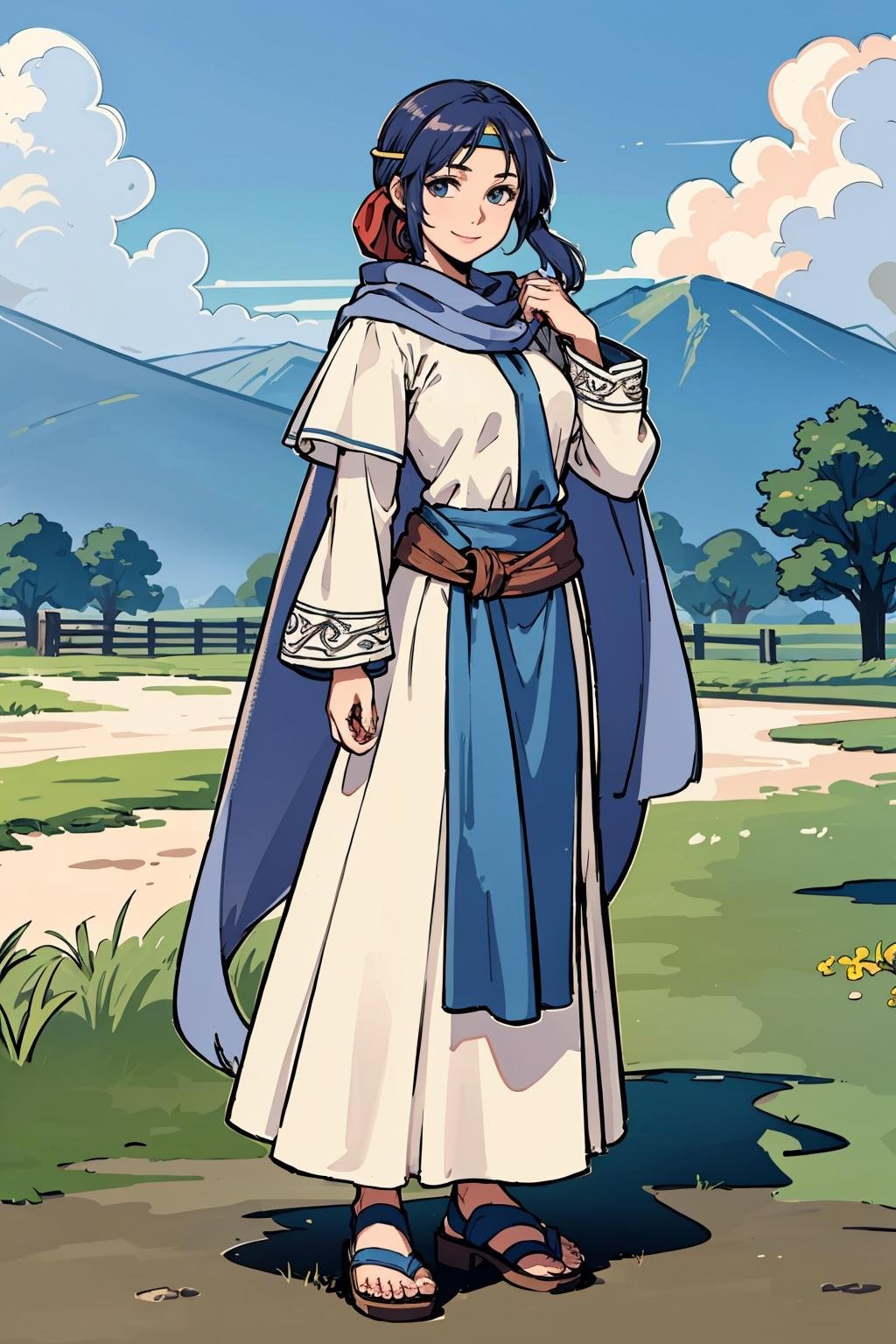 (masterpiece,best quality:1.2),1girl,elenafe,mature female,ponytail,side ponytail,hair over shoulder,standing,own hands clasped,lowered arms,dress,scarf,circlet,headband,cape,robe,sandals,looking at viewer,straight on,front shot,full body,outdoors,in medieval manor farm,happy, <lora:ElenaFE:0.7>, <lora:LORA-XenoDetailer-v2:0.1>