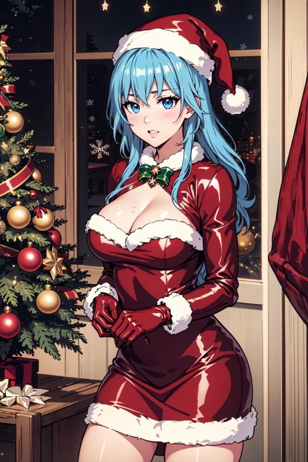 standing, cowboy shot BREAK sgliselotte, long hair, blue hair, blue eyes, sidelocks BREAK red latex christmas dress, cleavage, christmas tree, christmas ornaments, crystals, water, gems, Santa hat, bells, jacket, gloves  <lora:liselotte-sd15-6-000007:0.8> <lora:Latex_Santa_Christmas_Dress_By_Stable_Yogi:0.8> 