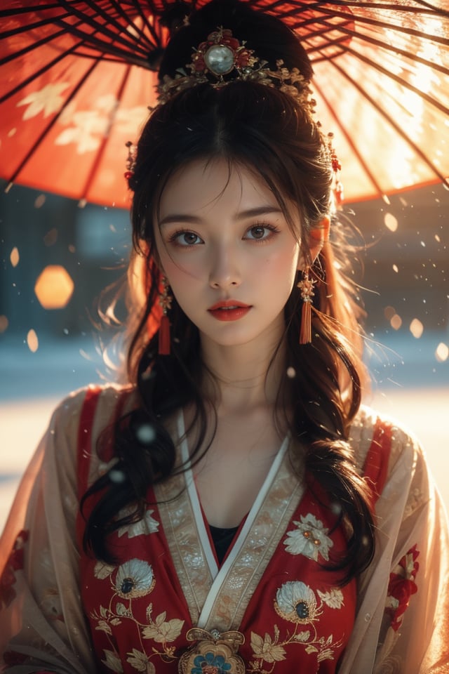 Warm Snow,1girl,solo,umbrella,oil-paper umbrella,blurry,looking at viewer,hair ornament,red lips,upper body,black hair,chinese clothes,depth of field,lips,blurry background,realistic,bokeh,makeup,lipstick,best quality,masterpiece,illustration,an extremely delicate and beautiful,CG,unity,8k wallpaper,Amazing,finely detail,masterpiece,official art,extremely detailed CG unity 8k wallpaper,incredibly absurdres,huge filesze,ultra-detailed,highres,extremely detailed,beautiful detailed girl,realistic,<lora:Warm Snow:0.8>,