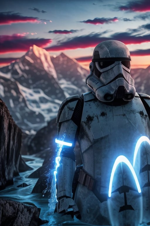 Starwars,  Stormtrooper, solo,  Sky,  cloud,  water, no humans,  glowing,  helmet,  robot, mecha,  robot,  science fiction,  mountain,  motion blur, fog,<lora:EMS-84091-EMS:1.000000>,<lora:EMS-290911-EMS:1.000000>