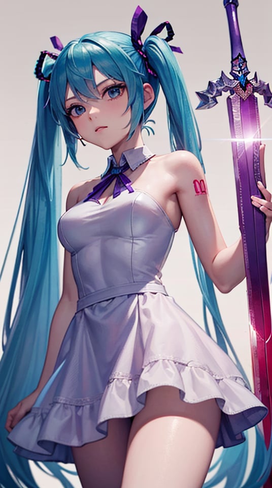 1girl, solo, dress, long hair, hatsune miku, twintails, , aqua hair, ribbon, , hair ribbon, aqua eyes, , , , white dress,  holding sword,weapon, sword, zidianjingjian, crystal sword, purple handle, purple sword, circle pommel,<lora:zidianjingjian:0.8>