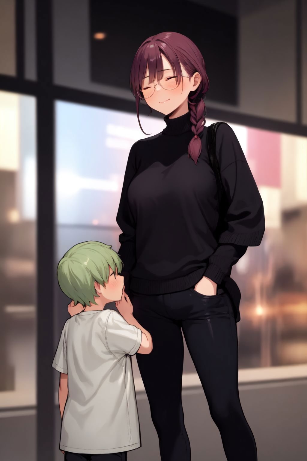 1girl, 1boy, standing, breasts, , dark brown hair, front braid, one eye closed \(winking\), dark green clothes, in front of large window, cityscape, skyscraper, lens flare, blurry background <lora:bigsislitbro_cpt_v02.3:1>