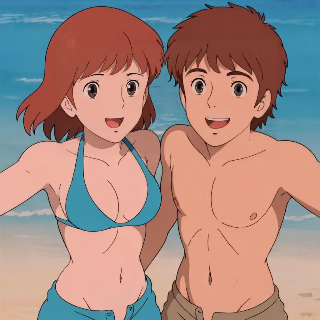 <lora:Nausicaa005:0.7>,looking at viewer,smile,open mouth,2 people,ocean,beach,sunshine,Nausicaa,1girl,bikini,Asuberu,1boy,shirtless,shorts,