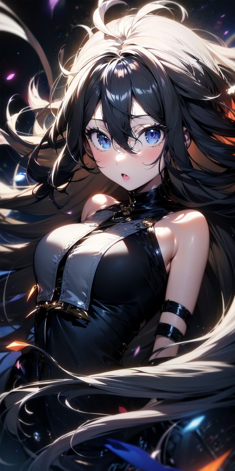 <lora:apstyle3diff:1> apstyle3 apstyle masterpiece best quality detailed eyesmasterpiece best quality 1girllong hair (messy hair floating :1.25) severe flownight darkblack background blackupper body  looking at viewer
