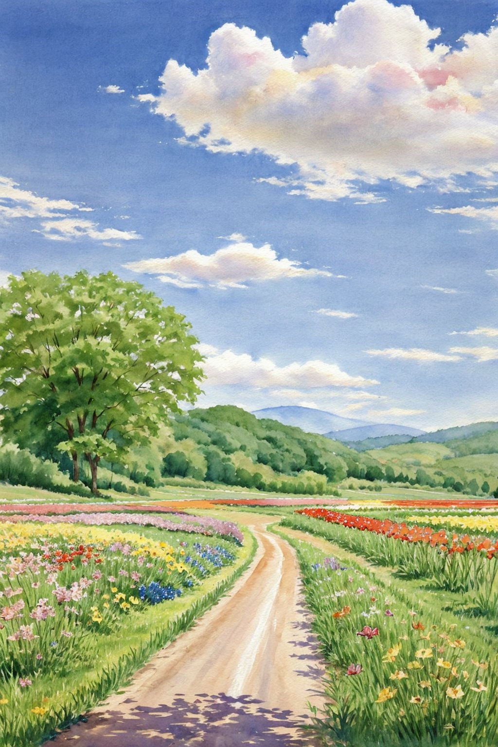 flower field,outdoors, painting, day, watercolor,sunny day, road, white clouds, distant view,<lora:mmk_watercolor:1>