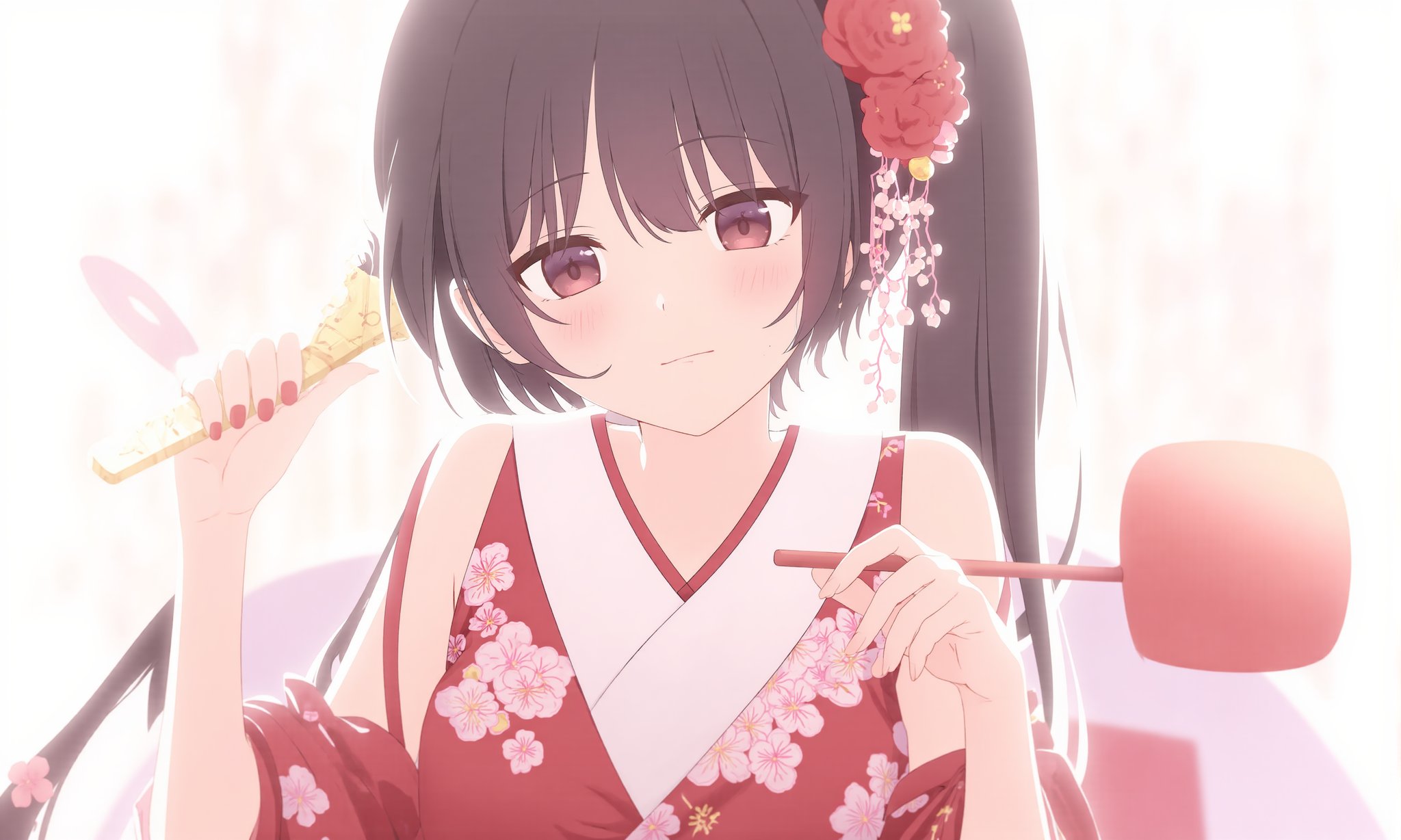 1girl,    kanzashi, nail polish, hair ornament, japanese clothes, upper body, cleavage, paddle, hands up, black hair, red eyes, open kimono, breasts, red kimono, medium breasts, holding paddle, smile, looking at viewer, long hair, floral print, closed mouth, mole under eye, hair between eyes, print kimono, official alternate costume, yellow eyes, shippou \(pattern\), lips, bare shoulders, kimono, hagoita, red flower, hair flower, pouty lips, seigaiha, hair stick, pout, flower, red nails, hair up, holding, blush, simple background, mole, furisode, virtual youtuber, side ponytail, open clothes <lora:BastylrV2:1>