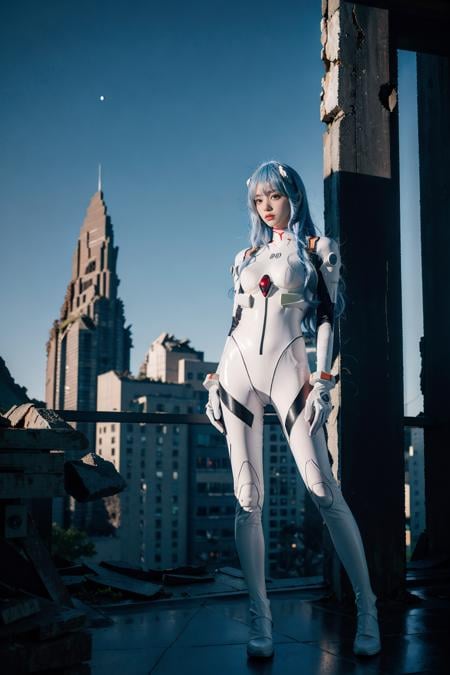 best quality, masterpiece, photorealistic, 1girl, solo, looking at viewer, bangs, full body, closed mouth, expressionless, ayanami_cosplay_costume, plugsuit, blue hair, ayanami rei, pilot suit, cosplay, long hair, interface headset, hairpods, gloves, bracer, skin tight, ( ruins:1.4), night, neon light, cyberpunk, science fiction, future city, detailed background, <lora:ayanami_cosplay_costume_v2:0.65>