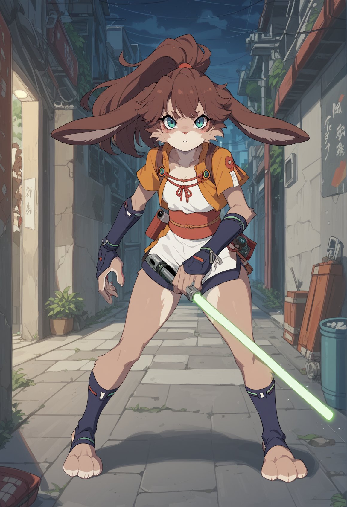 1girl, rabbit girl, long hair, brown hair, ponytail, blue eyes, furry, japanese clothes, wristbands, obi, short sleeves, shorts, holding green lightsaber, outdoors, alley, science fiction, night, cyberpunk, fighting stance, small breasts, looking at viewer, full body <lora:LOP_sw:0.8> <lora:KakureEriaPDXL:1>, score_9, score_8_up, score_7_up, score_6_up, score_5_up, score_4_up, BREAK source_furry, masterpiece