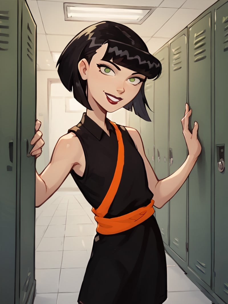 <lora:IngridPony1.0:0.8> ingridthird, 1girl, black hair, solo, short hair, green eyes, black dress,smile,orange sash,  sleeveless, makeup, looking at viewer,  lipstick, bob cut, locker,school,cowboy shot,  score_9, score_8_up, score_7_up, score_6_up <lora:Smooth Anime Style LoRA XL:1>