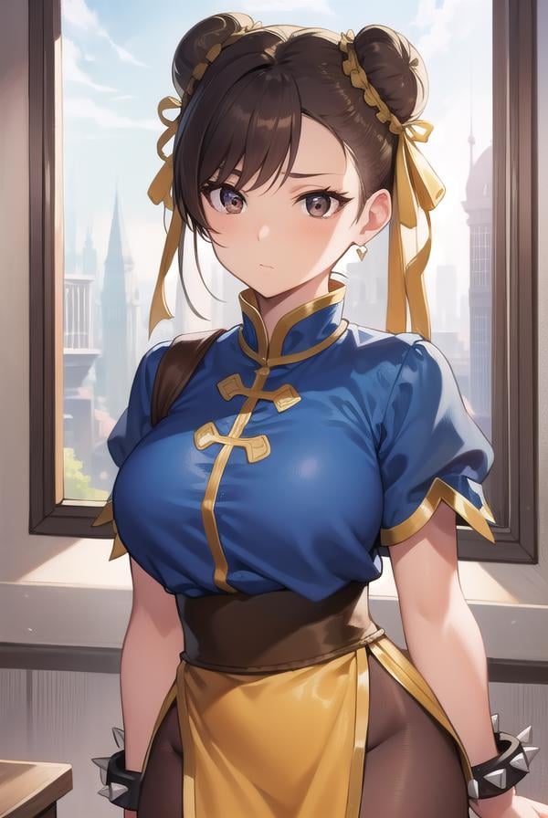 chunli, <lora:chun li v2-lora-nochekaiser:1>,chun li, (brown eyes:1.7), brown hair, (bun cover:1.5), double bun, eyeliner, hair bun, lipstick, makeup, pink lips,BREAK blue dress, boots, bracelet, brown pantyhose, china dress, chinese clothes, cross-laced footwear, dress, gold trim, jewelry, pantyhose, pelvic curtain, puffy sleeves, sash, short sleeves, side slit, spiked bracelet, spikes, white footwear,BREAK outdoors,BREAK looking at viewer, full body,BREAK <lyco:GoodHands-beta2:1>, (masterpiece:1.2), best quality, high resolution, unity 8k wallpaper, (illustration:0.8), (beautiful detailed eyes:1.6), extremely detailed face, perfect lighting, extremely detailed CG, (perfect hands, perfect anatomy),