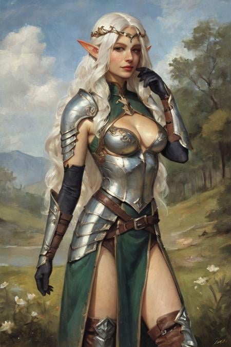 score_9, score_8_up, score_7_up, painting (medium), traditional media, realistic, 1girl, pointy ears, breasts, long hair, solo, elf, gloves, portrait, cowboy shot, standing, cleavage, armor, white hair, elbow gloves, black gloves, looking at viewer, boots, circlet, medium breasts, very long hair, wariza, cleavage cutout, clothing cutout <lora:Oil Gothic Painting Style SDXL_LoRA_Pony Diffusion V6:1>