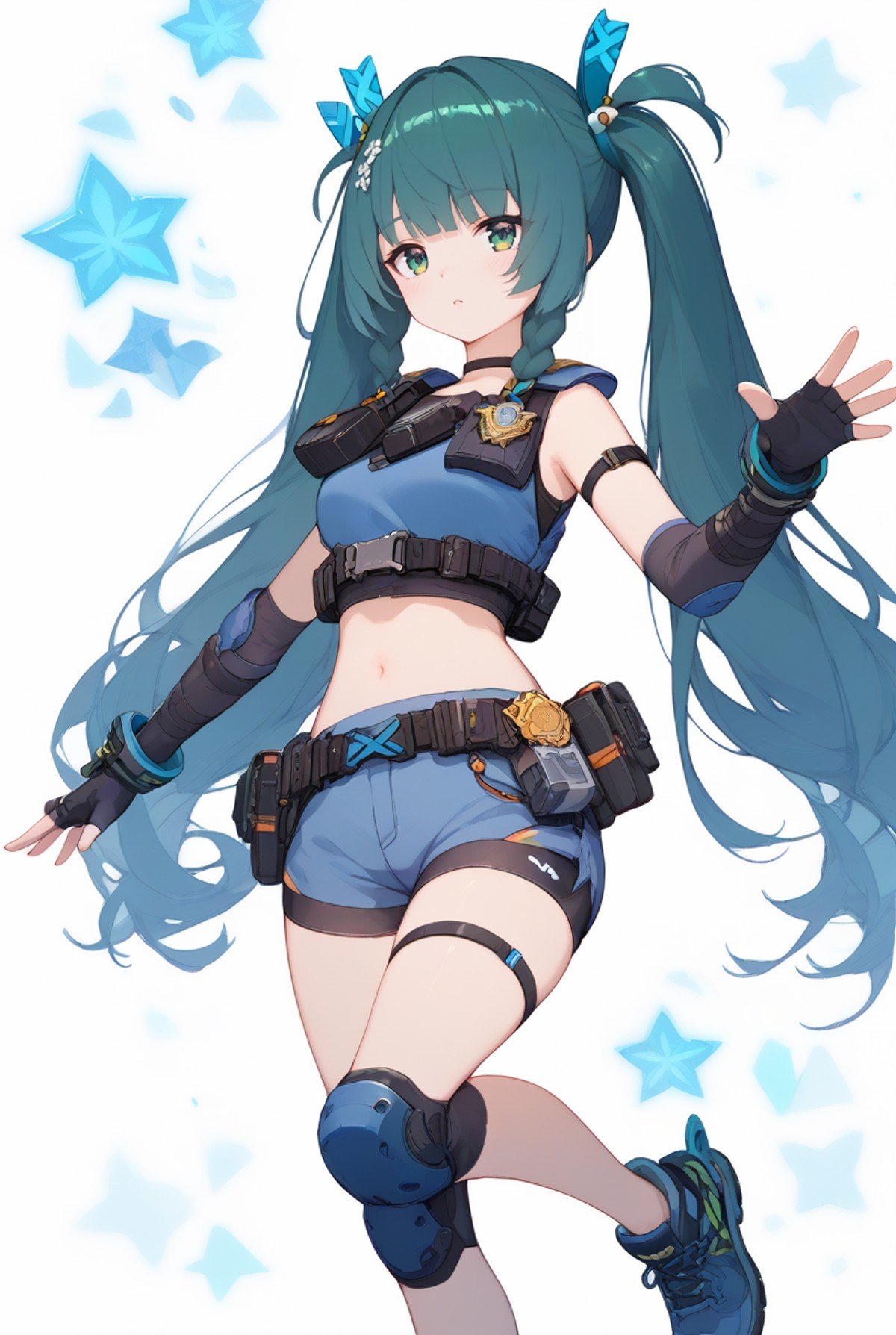 score_9,score_8_up,score_7_up,score_6_up,<lora:Zero_Qing yi_pony:0.8>,Zero_Qing yi,1girl,solo,green eyes,navel,twintails,fingerless gloves,long hair,bangs,twin braids,green hair,side braided hair,intercom,blue police vest,black neck ring,epaulettes,police badge,textured shorts,blue elbow gloves,police belt,black arm ring,navel marker,blue knee pads,blue sneaker,green pattern hair accessories,thigh marking,chest walkie-talkie,robot girl,calf protector,bare shoulder,waving,white_background,simple_background,