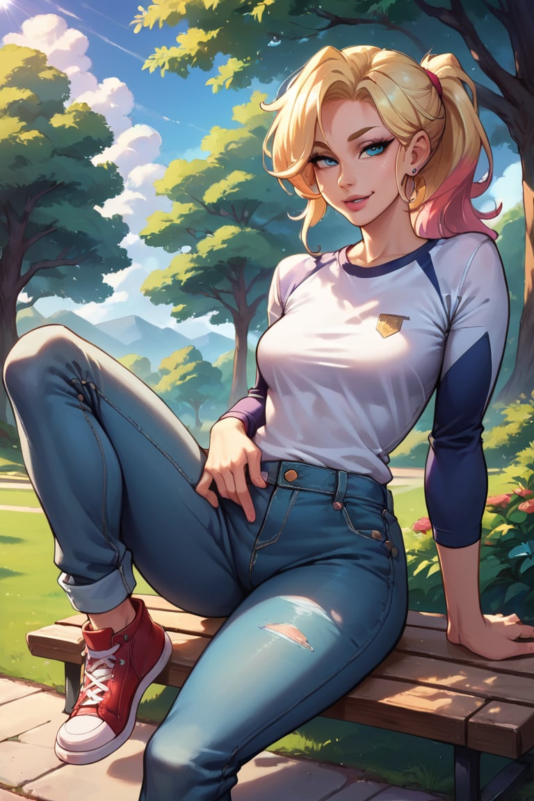 zPDXL, sitting on park bench, close-up, trees, nature, cloudy sky, wearing long sleeves, and jeans in a park campsite, shiny skin, bright sunlight, dappled sunlight,, (score_9, score_8_up, score_7_up, score_6_up, score_5_up, score_4_up, high res, 4k)