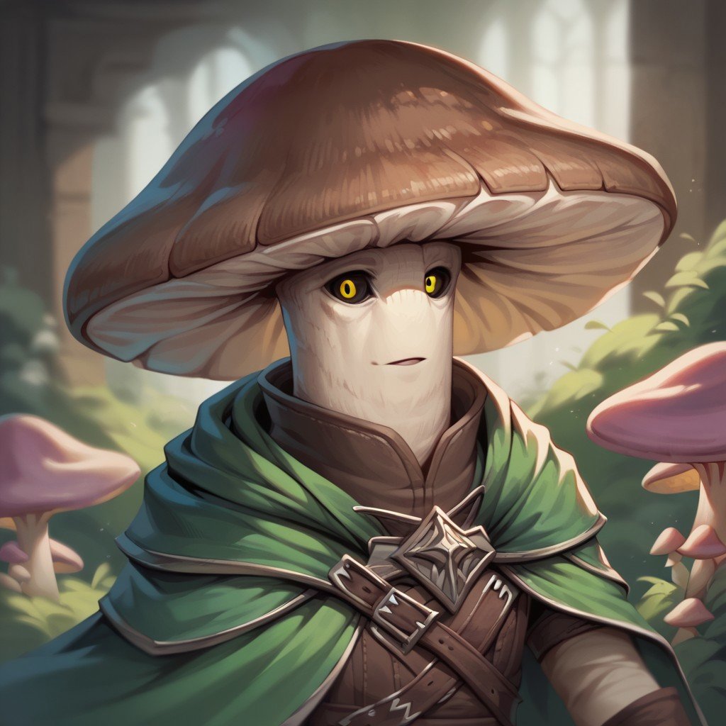 (((detailed, beautiful, high quality))), score_9, score_8_up, score_7_up, upper body,myconid, anthro mushroom, mushroom cap, black sclera,1male, brown hat, white skin, yellow eyes, green cape,looking at the viewer, posing, blurred background, blurred fantasy background,