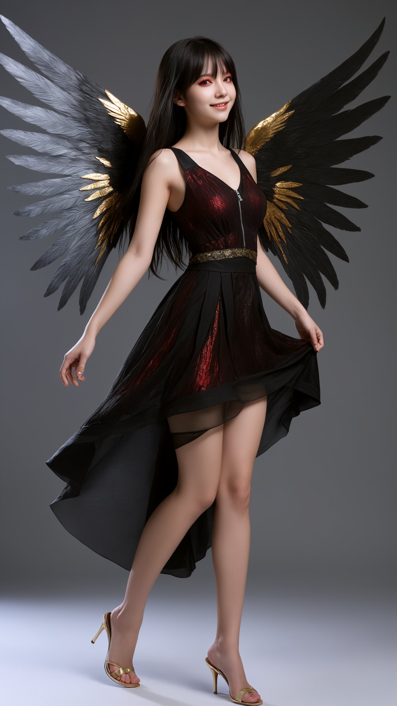 (eve reese, long hair, bangs, black hair, (red eyes:1.3), very long hair, pointy ears,dress, bare shoulders, collarbone, wings, sleeveless, black dress, black ribbon, halterneck, bandages, feathered wings, black wings,),(Best quality,masterpiece,ultra realistic:1.4),(((photo raw)),),(see-through_clothing),peerlessly beautiful idol, shine,glowing,sparkling,energy,(dynamic angle,dynamic pose),whole_body,light smile,dance, messyvery long hair with bangs, from side,wearing dress,(((miniskirt))),narrow waist,wide hips,sexy,fantasy,dreamlike,unreal,science fiction,schools,(baggy full body clothing,  solar-polymer, PatteTissage, Soapstone stone, puff sleeves, high-low hemline, empire waist, A-Line Skirt, Asymmetric Hem,,Sheer Panels, Zipper Closure,,side pockets),(shining multicolored tanzanite, glinting, vermeil (gold over sterling silver), vigor, modification, rare, engraved, edwardian, mystical and occult),(crystal canyon, mantelshelf),