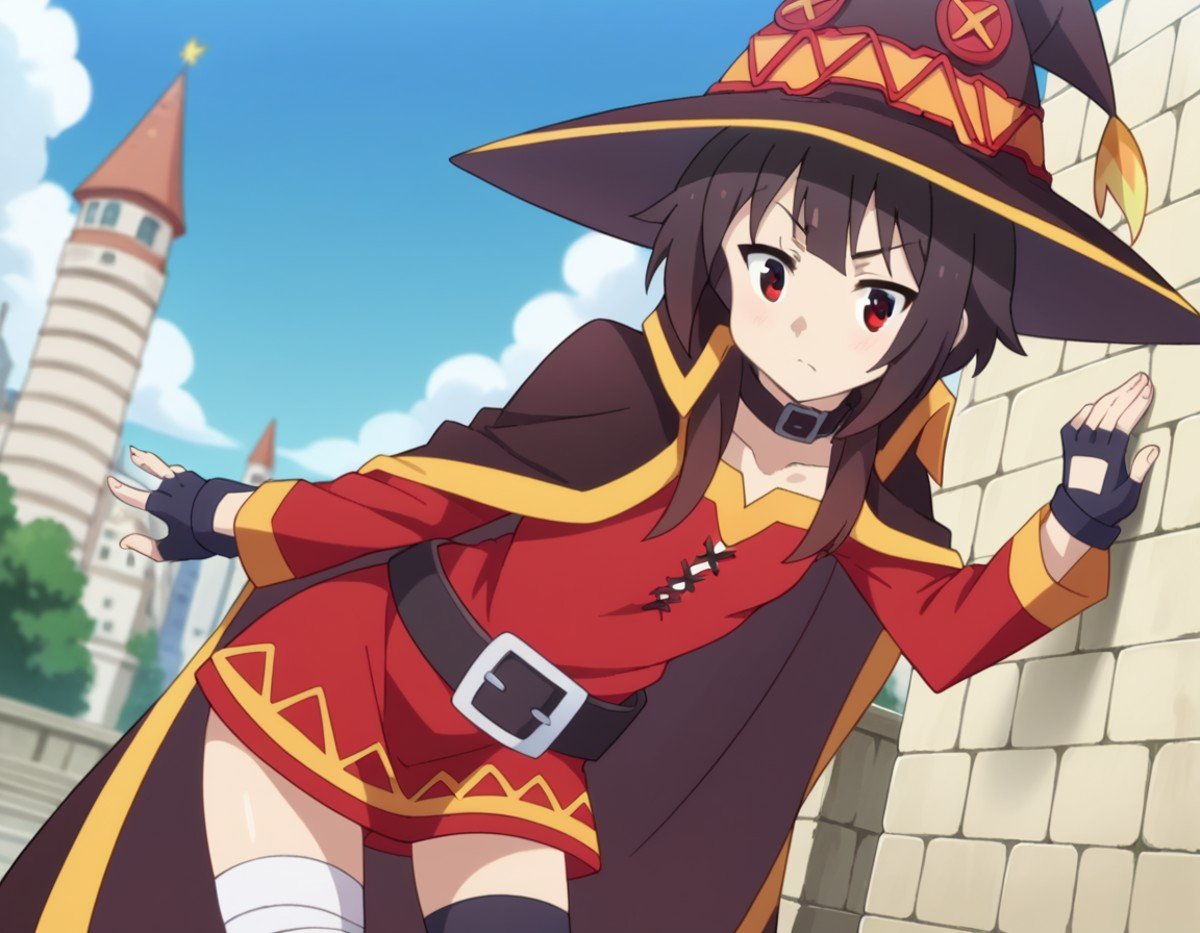 score_9, score_8_up, score_7_up, source_anime,konosubamegumin, <lora:konosuba-megumin-s2-ponyxl-lora-nochekaiser:1>,megumin, short hair, black hair, red eyes, short hair with long locks,thighhighs, gloves, hat, dress, black gloves, belt, black thighhighs, fingerless gloves, cape, collar, witch hat, bandages, red dress, single thighhigh, asymmetrical legwear, bandaged leg,outdoors, cityscape, bent over,looking at viewer, dutch angle, cowboy shot,