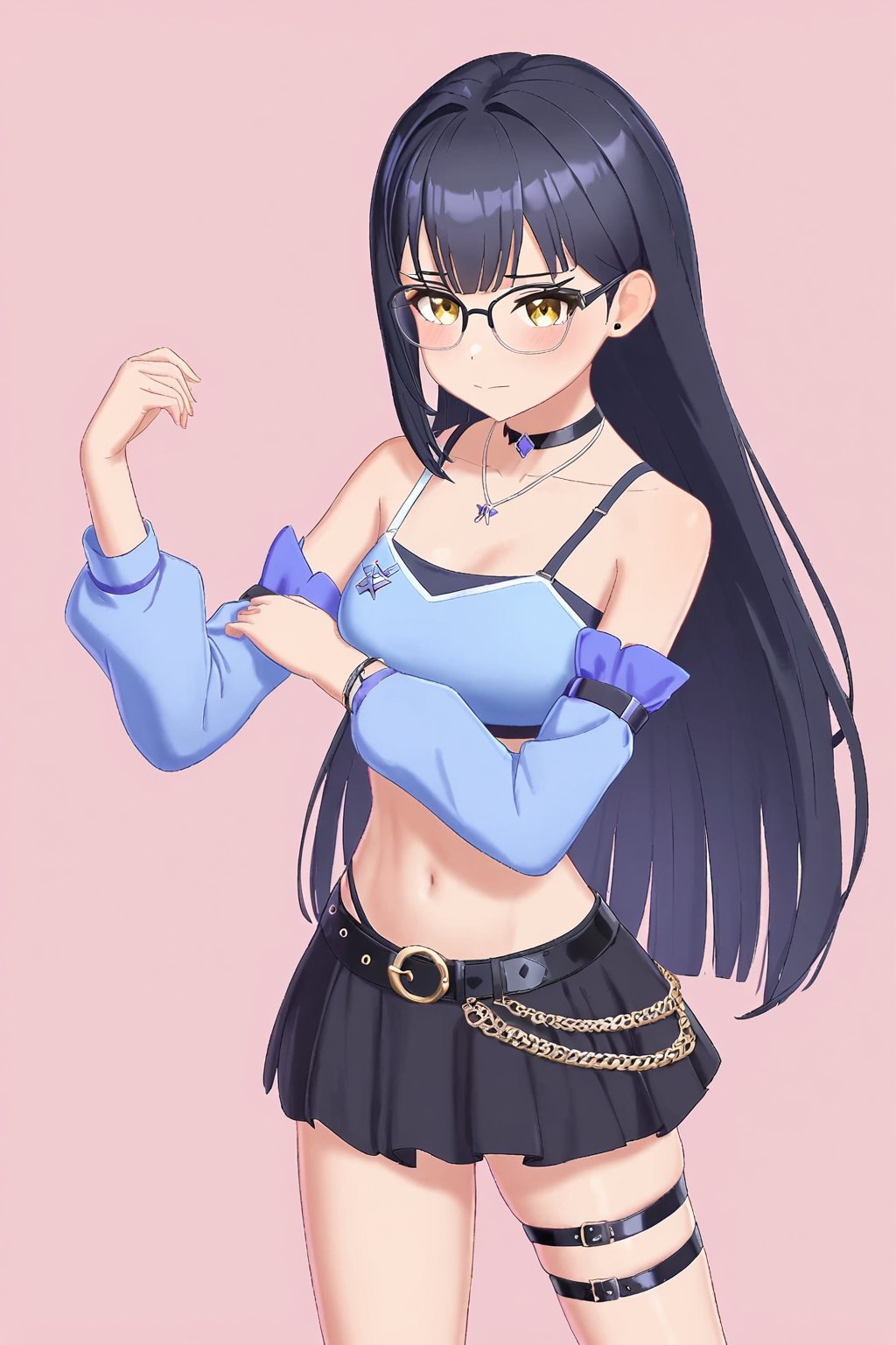 sinuo,1girl,long hair,black skirt,glasses,black hair,choker,thigh strap,looking at viewer,necklace,belt,detached sleeves,black choker,jewelry,yellow eyes,blue crop top,white background,simple background,open clothes,<lora:zhijiang-sinuo-000004:0.5>,