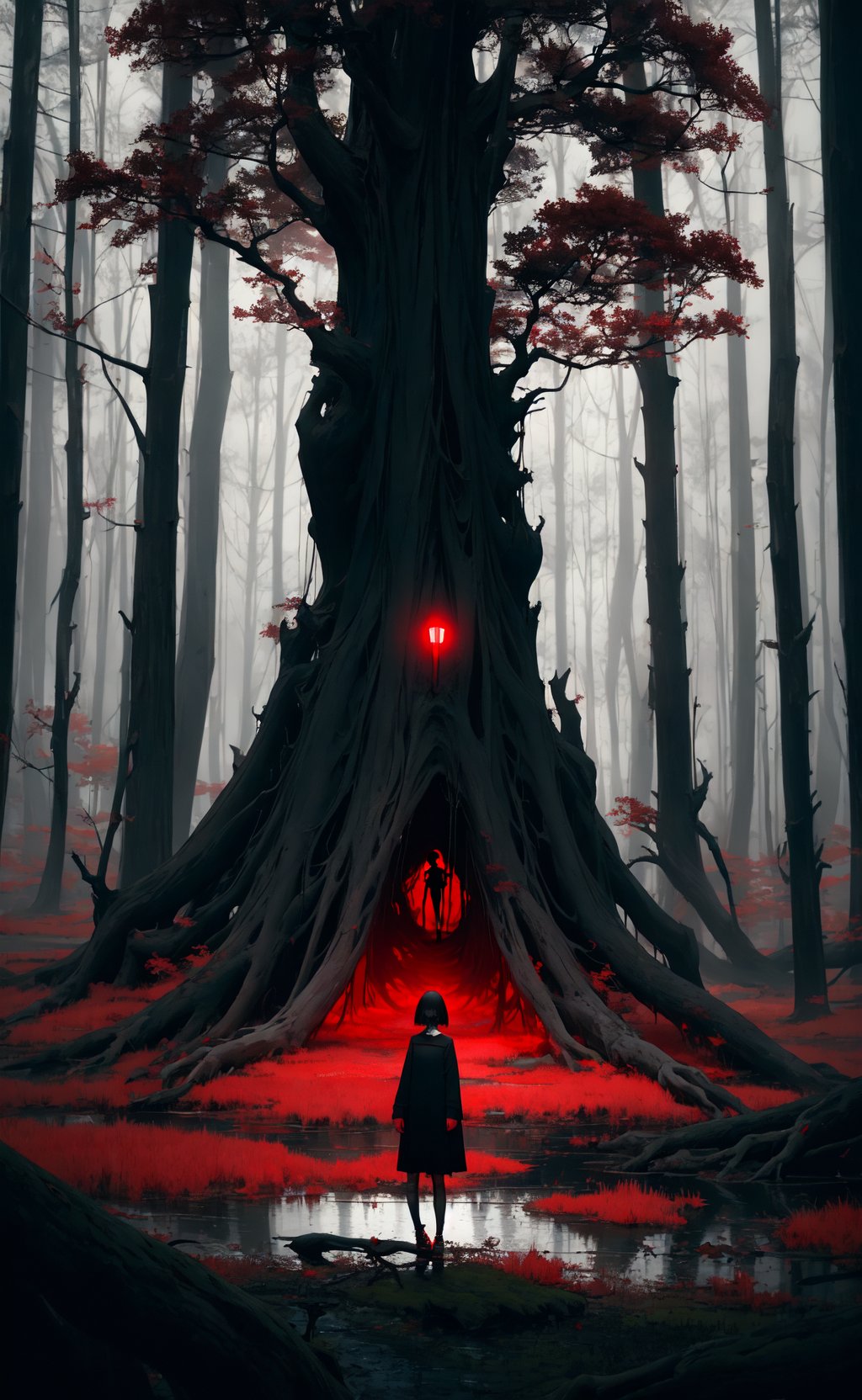 masterpiece, best quality, girl standing under the dead tree, black and red palette, eerie