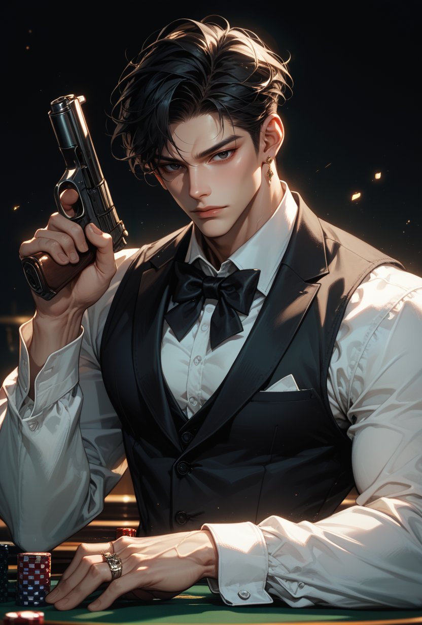 (score_9, score_8_up), score_7_up, looking at viewer, short hair, shirt, black hair, long sleeves, 1boy, bow, jewelry, closed mouth, white shirt, upper body, male focus, earrings, collared shirt, bowtie, holding weapon, black eyes, vest, tsurime, cup, gun on table, dress shirt, black bow, formal, table, ring, muscular male, black background, holding gun, handgun, drinking glass, veins, black vest, black bowtie, glint, aiming at viewer, poker chip