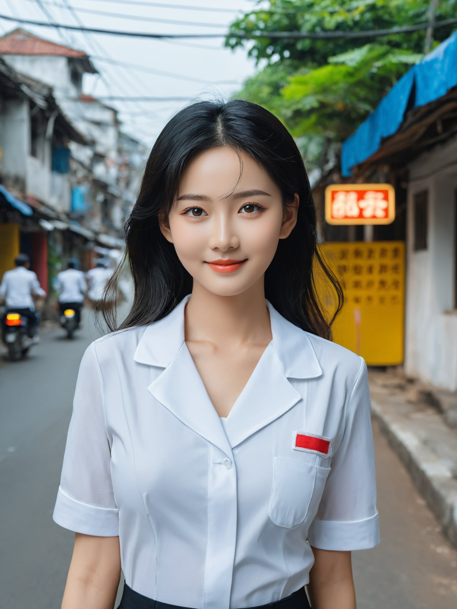 masterpiece, best quality, realistic, photo, real, incredibly_absurdres, Ultra HD, Affectionately looking at you, 8K, UHD, in the vietnamese city street, full body, hand salute, bust photo,The 20-year-old vietnamese girl, She has black hair, nurse shirt outfit, The lines of her face are soft and smooth. Her skin is as fair as snow, soft and delicate, and her eyes are bright and bright, deep and mysterious, making people feel endless charm and appeal. The eyebrows are slender and graceful, the nose is straight and noble, the lips are rosy and seductive, and the slightly raised angle reveals confidence and elegance. Her facial features are delicate and three-dimensional, with well-defined contours, like a fine painting or a finely carved work of art. The overall feeling is gentle, elegant, noble and full of charm, huge_filesize, bust, girl, kawaii, adorable girl, bishoujo, ojousama, idol, wavy hair, long hair, black hair, beautiful detailed eyes, looking at viewer, seductive smile, black eyes, large breasts, arms behind back