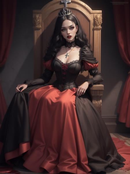 8k, masterpiece, highly detailed, high quality,mature female wearing a black and red (princess dress), <lora:princess_dress-SD-2.0:1>,black hair, lipstick, mascara, fangs,vampire, gothic, dark, horror \(theme\), tiara, lace, blood, throne, velvet, crucifix,