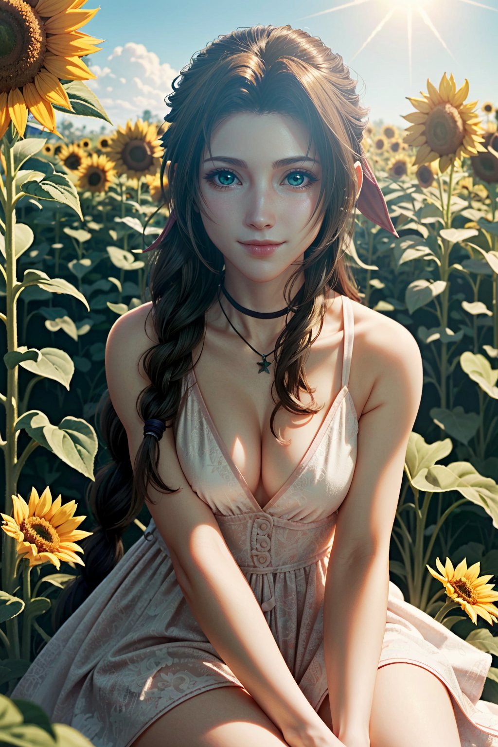 ((ultra detailed, masterpiece, best quality)) <lora:FF7Aerith-000008:0.8>FF7Aerith, 1girl, solo, single braid, green eyes, brown hair, sitting in a sunflower field, smiling, sunlight