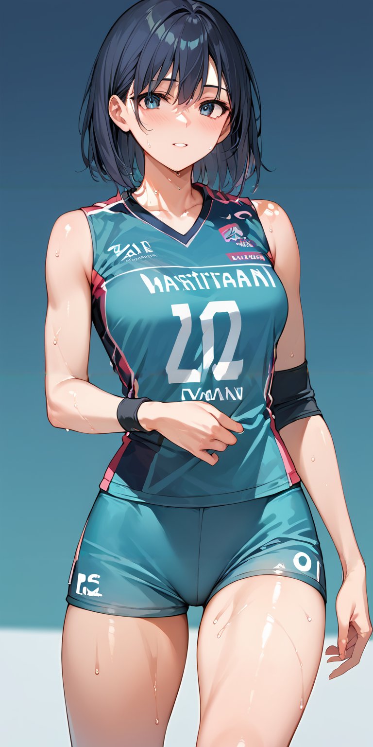 score_9, score_8_up, score_7_up,source_anime, high res image,masterpiece,best quality,girl,cute face,clear skin,shiny hair,ultra detailed eyes,simple background, <lora:sweat_pony_V1.0:1> sweat, <lora:volleyball uniform_pony_V1.0:1> volleyball uniform