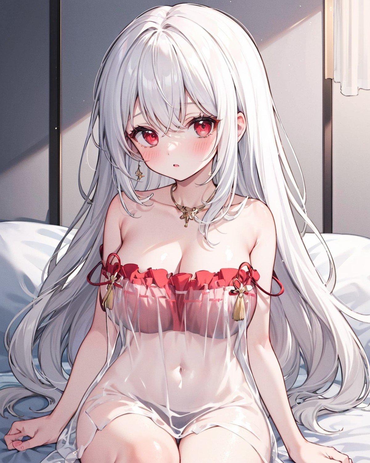 1girl, solo, white hair, large breasts, see-through dress, strap slip, red eyes, blush, <lora:SeeThroughDressOfNagato:1>, very long hair, 