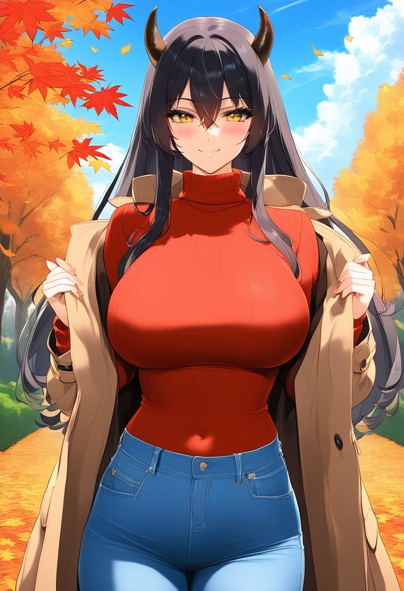 <lora:CYR 0.3v:1.7>, detailed,masterpiece, best quality, 1girl, solo, long hair, breasts, looking at viewer, blush, smile, large breasts, black hair, long sleeves, hair between eyes, closed mouth, very long hair, standing, yellow eyes, outdoors, cowboy shot, open clothes, horns, sky, alternate costume, pants, day, cloud, blurry, coat, sweater, blue sky, tree, covered navel, turtleneck, leaf, denim, casual, open coat, ribbed sweater, turtleneck sweater, jeans, blue pants, autumn leaves, brown coat, maple leaf, red sweater, autumn, falling leaves