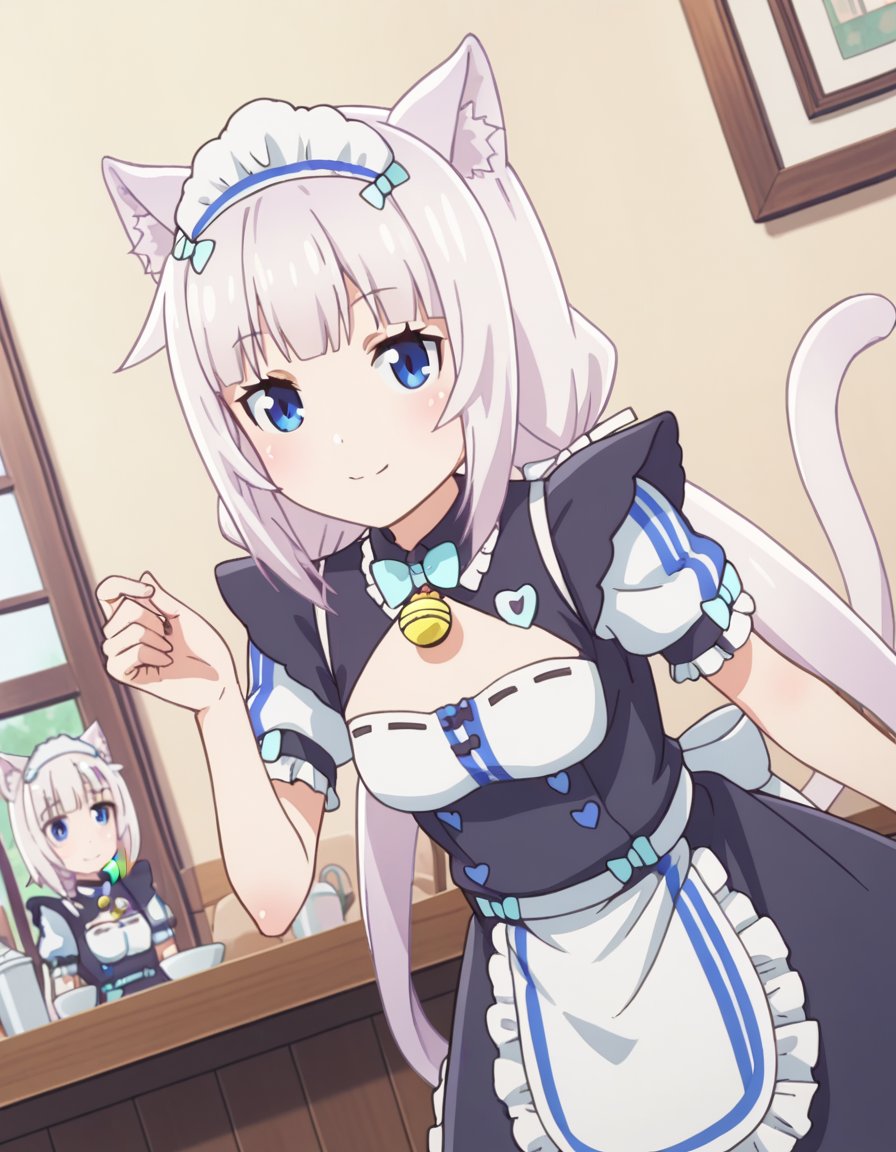 score_9, score_8_up, score_7_up, source_anime,nekoparavanilla, <lora:nekopara-vanilla-s1-ponyxl-lora-nochekaiser:1>,vanilla, long hair, bangs, blue eyes, animal ears, twintails, very long hair, white hair, cat ears, blunt bangs, animal ear fluff, low twintails, cat girl,dress, bow, tail, short sleeves, frills, bowtie, apron, cat tail, maid, maid headdress, bell, cat girl, waist apron, jingle bell, neck bell, waitress,indoors, cafe, bent over, smile,looking at viewer, solo, cowboy shot, dutch angle,