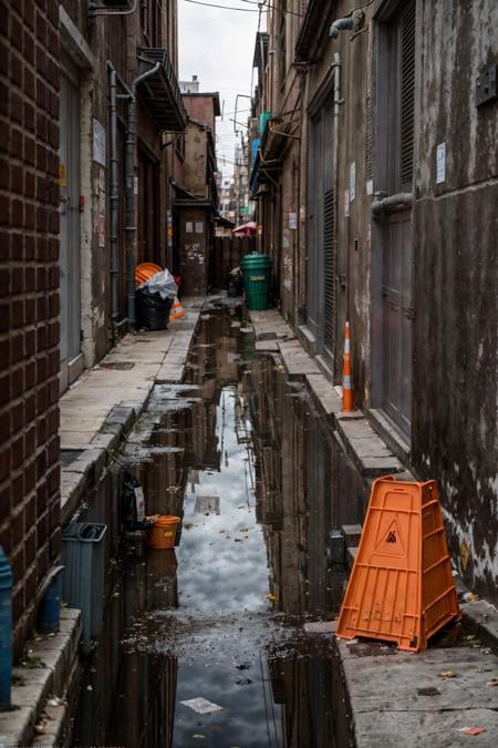 RAW photo,subject,8k uhd,dslr,soft lighting,high quality,film grain,Fujifilm XT3,outdoors,,ruanyi0046,,alley,no humans,traffic cone,power lines,industrial pipe,dark,night,dim lighting,dirty,air conditioner,bicycle,box,brick wall,bucket,building,cardboard box,city,cityscape,door,graffiti,house,lamppost,motor vehicle,outdoors,photo background,poster \(object\),power lines,puddle,rain,road,scenery,stairs,street,trash bag,trash can,wall,window,<lora:0046 dirty alley_v2:1>,<lora:detail_slider_v4:1>