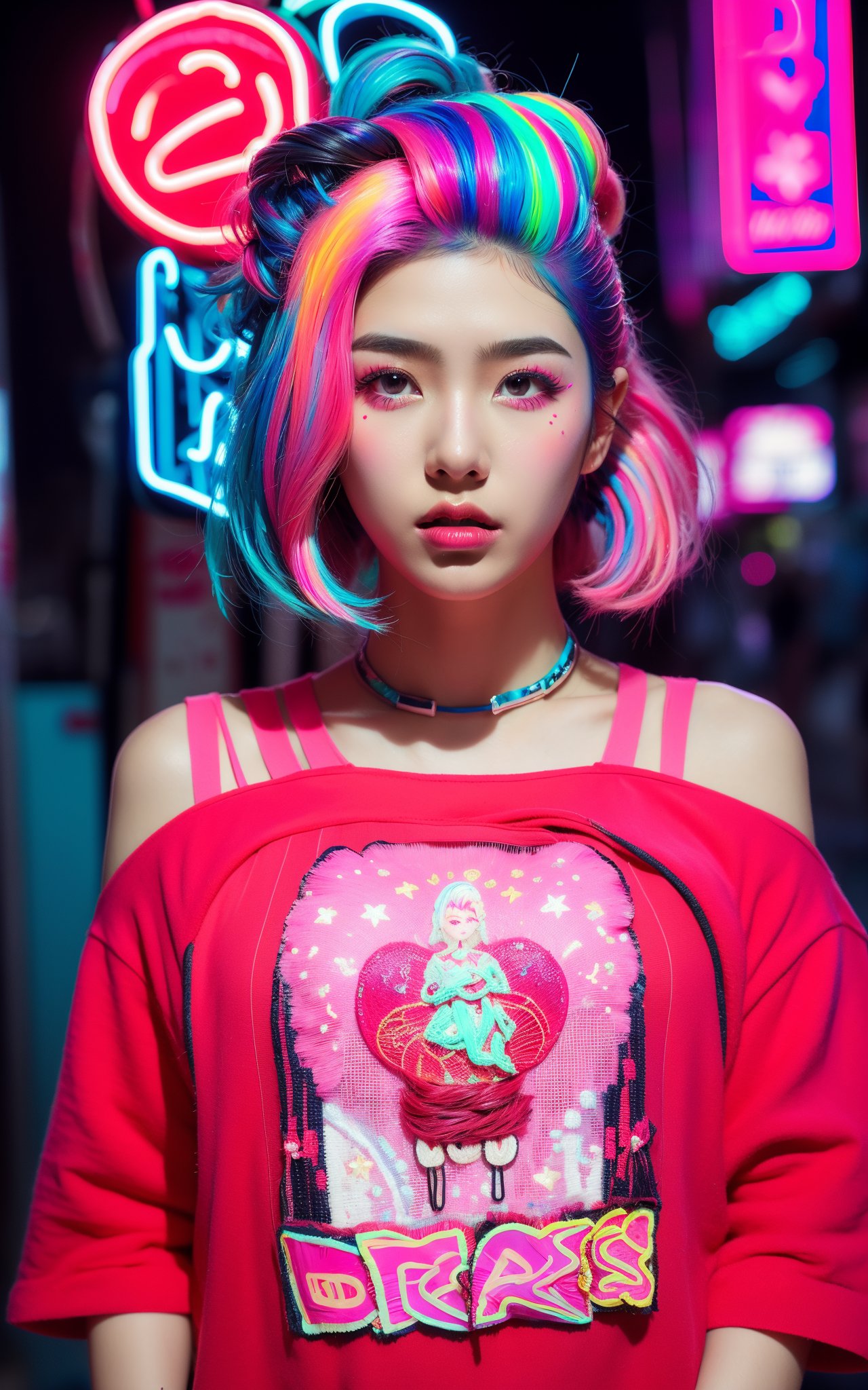 (masterpiece, top quality, best quality, official art, beautiful and aesthetic:1.2),(photoreal:1.5),BREAK 1 girl with a bunch of candy and a candy machine in her hand and a pink background with stars,upper body,photo,a detailed painting,pop surrealism,(neon color hair:1.5),strong wind,giant marshmallow candy machine break needlework,intricate designs,textile art,handmade details,creative expression,colorful threads,cyberpunk,break Alice Prin,,