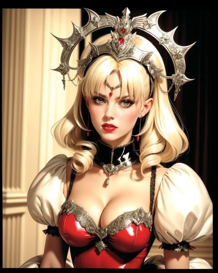 analog film photo 1girl, solo, photogenic beautiful adult woman, h4lo, gothic, cleavage, chains,(platinum blonde hair), halo headpiece, (anger),waist, age 30, grand hall, <lora:HaloHeadpiece-30:0.9>, BREAK,  latex gothic ballgown, collar, puffy sleeves, jewelry, earrings . faded film, desaturated, 35mm photo, grainy, vignette, vintage, Kodachrome, Lomography, stained, highly detailed, found footage