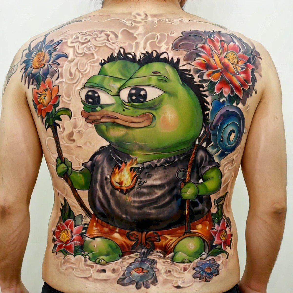 man with a striking tattoo of the  apustaja,  <lora:tattooback:0.5>  ,ultra-detailed,(best quality),((masterpiece)),(highres) ,(an extremely delicate and beautiful) ,  <lora:apu_apustaja_xl:0.8> , apu apustaja