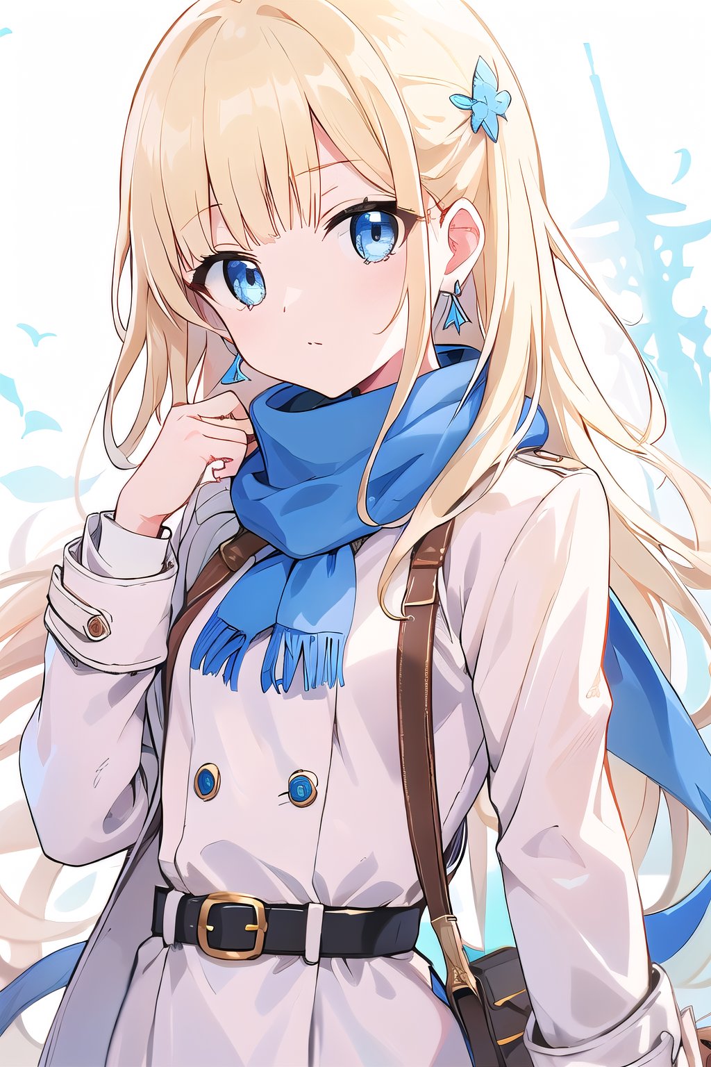 1girl, solo, long hair, looking at viewer, bangs, blue eyes, blond hair, shirt, long sleeves, jewelry, closed mouth, jacket, weapon, earrings, belt, sword, coat, blue scarf, white jacket, grip hand<lora:EMS-980-EMS:0.800000>, <lora:EMS-166024-EMS:0.800000>